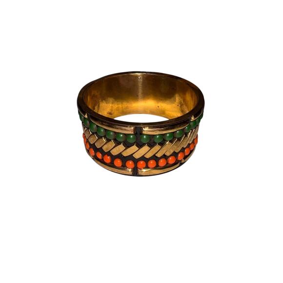 Iris Apfel &amp; Bajalia Beaded Bangle Bracelet Green Orange Brass Boho Statement